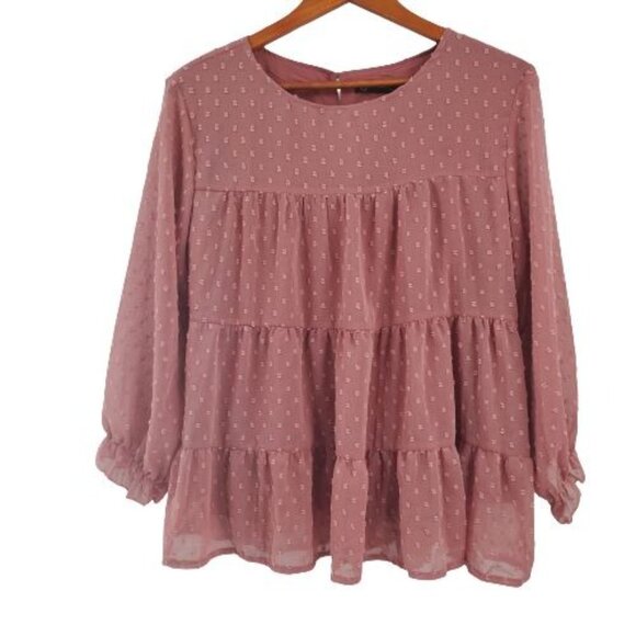 Pretty Garden Women's Swiss Dot Chiffon Ruffled-Sleeve Casual Blouse Pink Medium - Picture 4 of 12